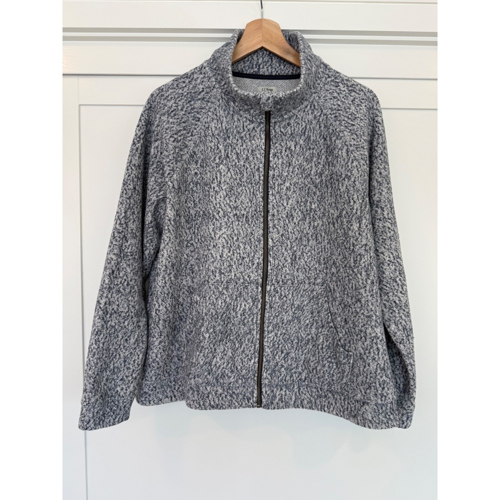 LL Bean Womens Full Zip Fleece Jacket Blue Marled Sweater Knit Large 520833